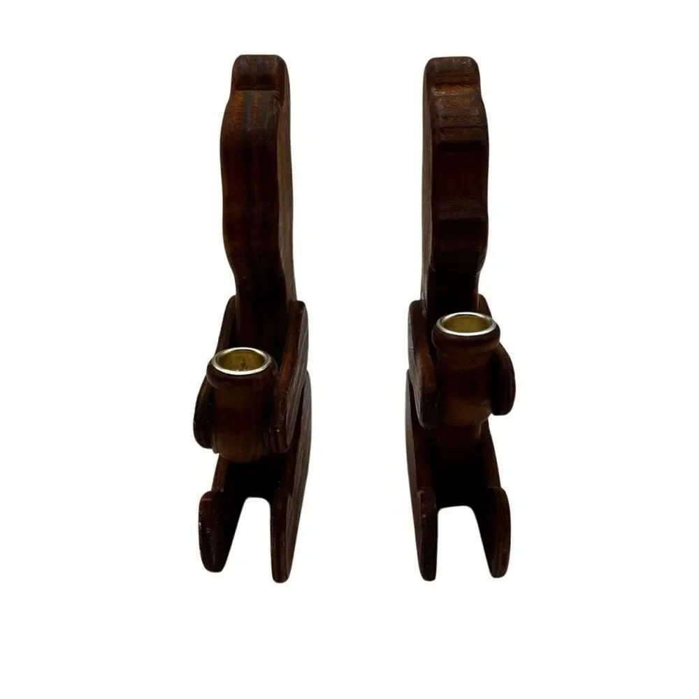 Set of 2 Vintage Wooden Bear Candle‎ Holders